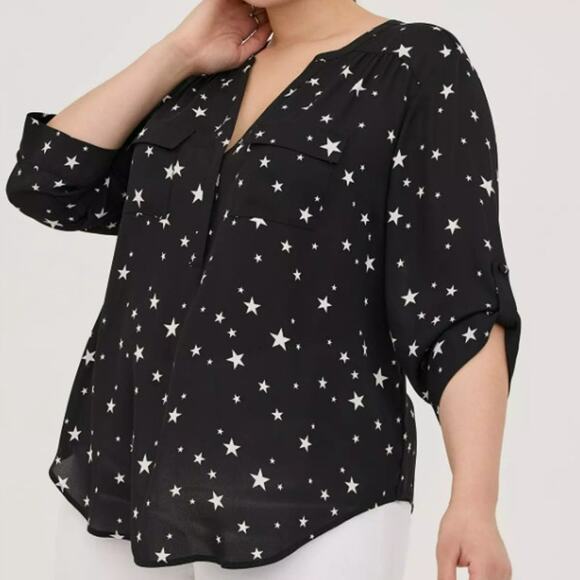 torrid Tops - Torrid Womens 3X Top Harper Georgette Pullover 3/4 Sleeve Stars Black